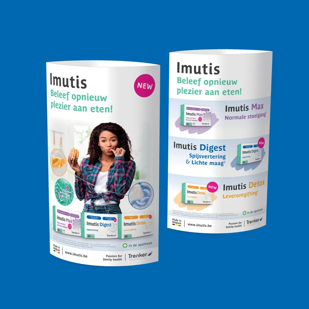 Mise en situation de mini-totems présentant les produits de la gamme Imutis (Imutis Max, Imutis Digest et Imutis Detox)